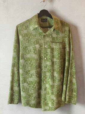VINTAGE 60s Martin Chase Green Psychedelic Paisley Print Button Down Shirt M